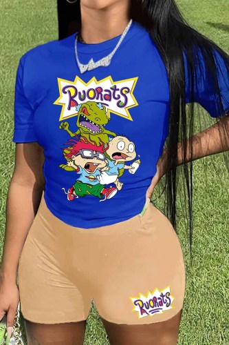 Khaki Casual Character Print Letter O Neck Short Sleeve Two Pieces