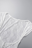 White Sexy Solid Bandage Hollowed Out Short Sleeve Two Pieces