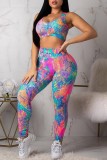 Multicolor Casual Sportswear Print Backless U Neck Sleeveless Two Pieces