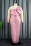 Pink Sexy Formal Patchwork Backless With Bow Oblique Collar Evening Dress Dresses