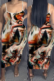 Rose Red Sexy Print Backless Spaghetti Strap Long Dress Plus Size Dresses