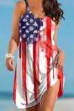 Red White Casual Flag Stars Print Backless Sleeveless Loose Cami Dress