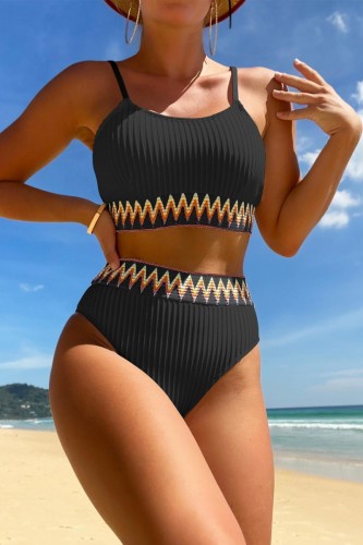 Black Sexy Print Patchwork Backless Swimwears (With Paddings)