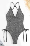 Silver Sexy Solid Backless Cross Straps Swimwears (With Paddings)