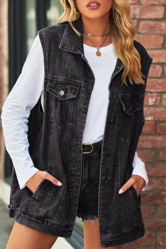 Black Gray Casual Solid Patchwork Turndown Collar Short Sleeve Regular Denim Jacket