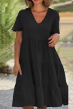 Black Casual Solid Basic V Neck Short Sleeve Dress