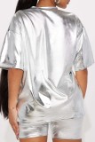 Silver Casual Solid Basic O Neck Short Sleeve Two Pieces