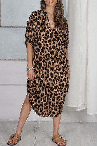 Camel Casual Print Leopard Patchwork V Neck Printed Dress Dresses