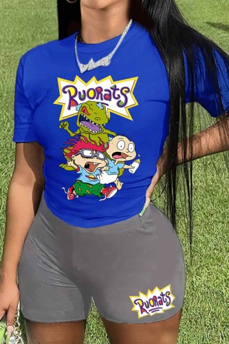 Grey Casual Character Print Letter O Neck Short Sleeve Two Pieces