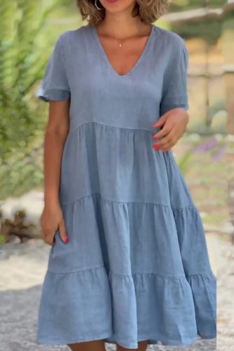 Light Blue Casual Solid Basic V Neck Short Sleeve Dress