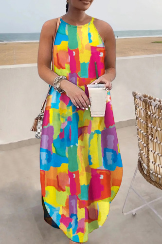 Multicolor Casual Print Basic O Neck Long Dress Dresses