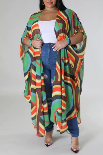 Green Casual Print Cardigan Plus Size Two Pieces