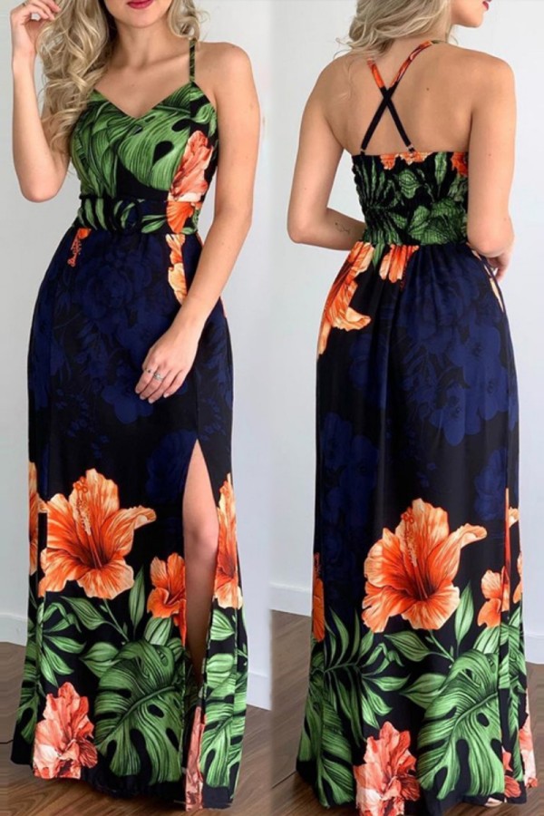 New Sexy Sleeveless Strap Dress Printed Long Dress