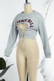 Grey Sexy Casual Street Letter Patchwork Cut Out Strap Design O Neck High Waist Tops