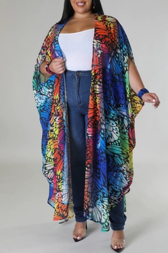 Multicolor Casual Print Cardigan Plus Size Two Pieces