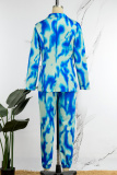 Blue Sexy Casual Work Elegant Tie Dye Patchwork Buttons Slit Turn-back Collar Long Sleeve Two Pieces