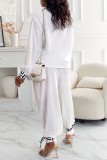 White Casual Print Patchwork Turndown Collar Long Sleeve Two Pieces