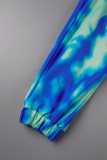 Blue Sexy Casual Work Elegant Tie Dye Patchwork Buttons Slit Turn-back Collar Long Sleeve Two Pieces
