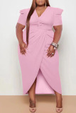 Pink Casual Solid Patchwork Fold Asymmetrical V Neck Princess Plus Size Dresses