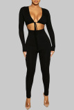 Black Casual Solid Hollowed Out Frenulum V Neck Skinny Jumpsuits
