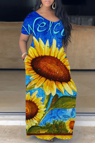 Blue Yellow Casual Print Basic V Neck Short Sleeve Dress Dresses