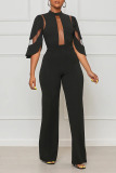 Black Sexy Solid Patchwork See-through O Neck Jumpsuits