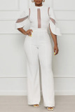 White Sexy Solid Patchwork See-through O Neck Jumpsuits