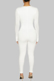 White Casual Solid Hollowed Out Frenulum V Neck Skinny Jumpsuits