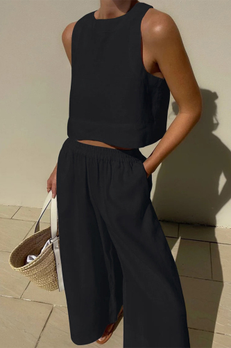 Black Casual Simplicity Solid Solid Color O Neck Sleeveless Two Pieces
