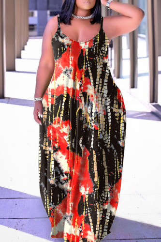 Red Black Sexy Casual Print Backless Spaghetti Strap Long Dress Dresses