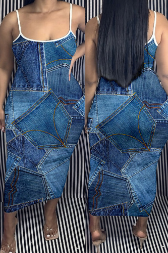 Blue Sexy Print Backless Spaghetti Strap Long Dress Plus Size Dresses