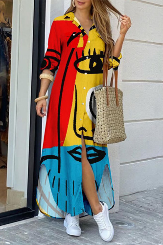 Red Yellow Elegant Print Pocket Buttons Slit Turndown Collar Shirt Dress Dresses