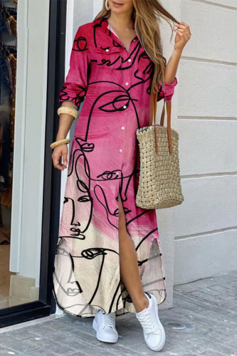 Rose Red Elegant Print Pocket Buttons Slit Turndown Collar Shirt Dress Dresses