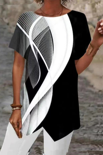 Black White Casual College Geometric Print Patchwork O Neck T-Shirts
