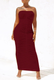 Rose Red Sexy Solid Fold Strapless Pencil Skirt Dresses