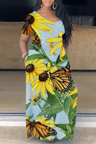 Light Blue Casual Print Basic V Neck Short Sleeve Dress Dresses