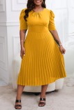 Yellow Casual Solid Pleated O Neck Short Sleeve Dress