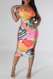 Red Yellow Sexy Print Backless Strapless Sleeveless Dress Dresses