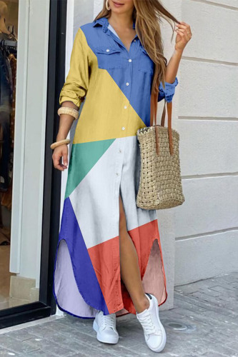 Blue Elegant Print Pocket Buttons Slit Turndown Collar Shirt Dress Dresses