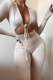 White Casual Solid Hollowed Out Frenulum V Neck Skinny Jumpsuits