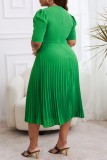 Green Casual Solid Pleated O Neck Short Sleeve Dress