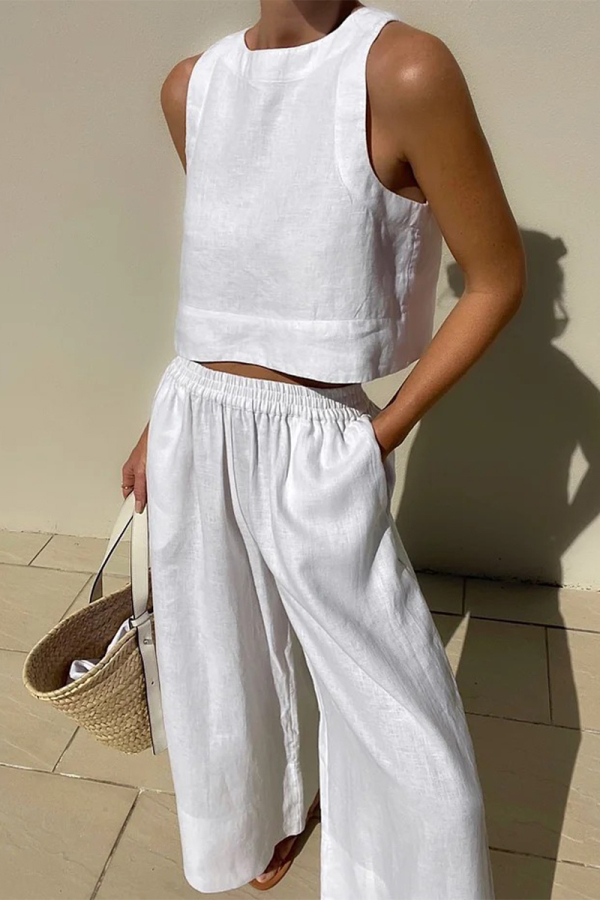 White Casual Simplicity Solid Solid Color O Neck Sleeveless Two Pieces