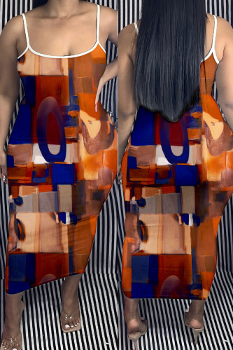Brown Sexy Print Backless Spaghetti Strap Long Dress Plus Size Dresses