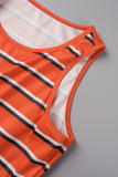 Tangerine Red Casual Striped Print Basic O Neck Sleeveless Two Pieces