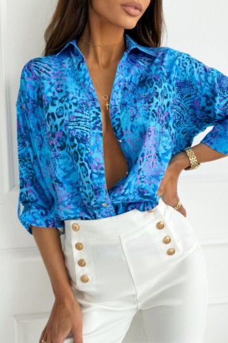 Blue Casual Print Patchwork Shirt Collar T-Shirts