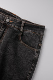 Dark Blue Casual Solid Hollowed Out Frenulum High Waist Skinny Denim Jeans