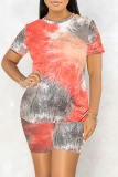 Red Casual Print Tie-dye O Neck Short Sleeve Two Pieces