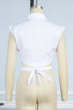 White Casual Solid Patchwork Frenulum Shirt Collar Tops