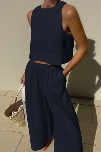 Tibetan Blue Casual Simplicity Solid Solid Color O Neck Sleeveless Two Pieces