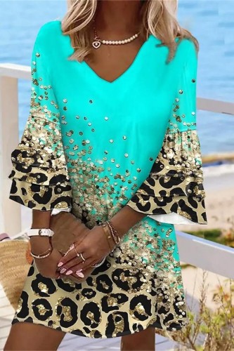 Green Casual Print Patchwork V Neck A Line Dresses